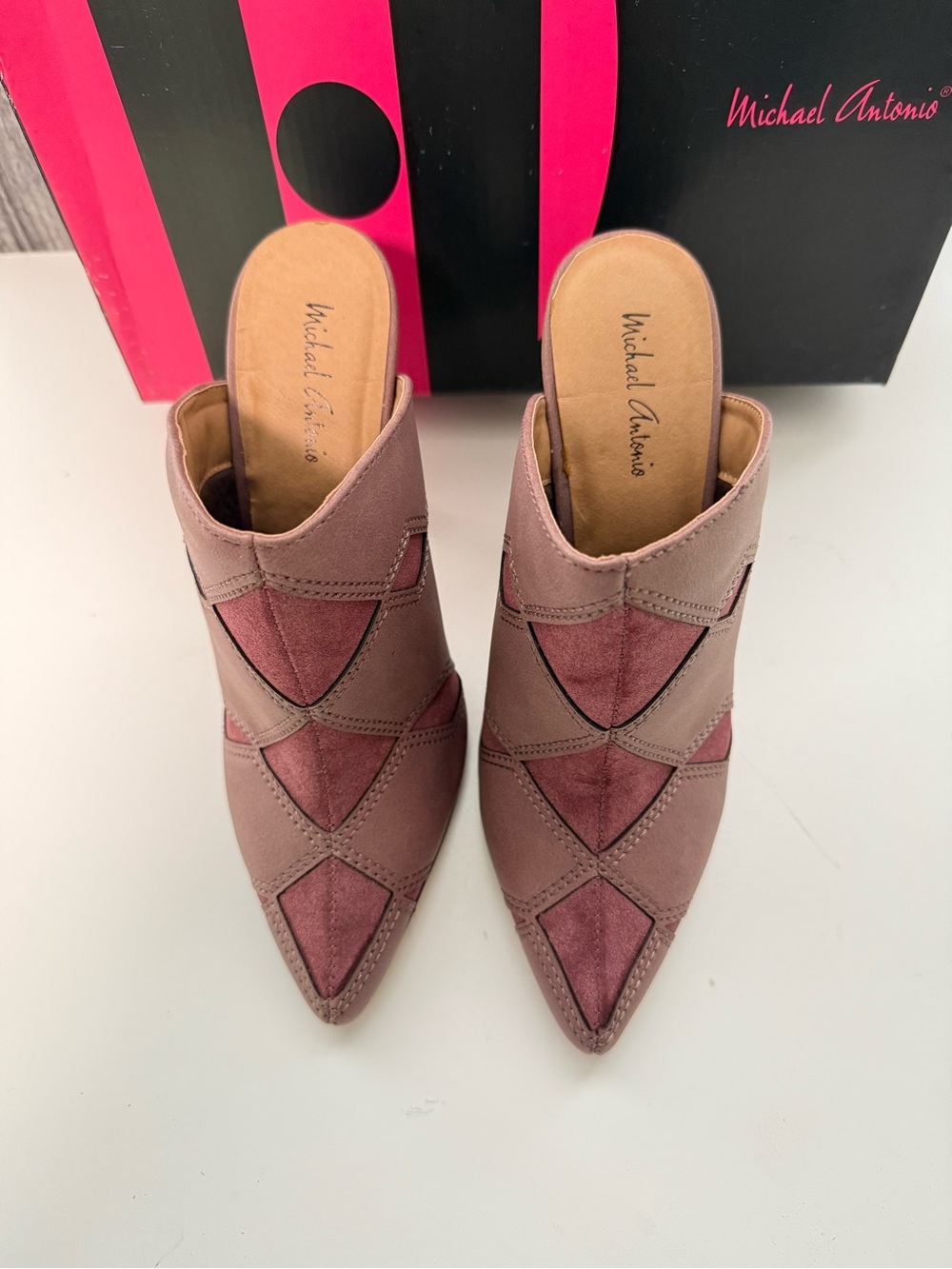 Michael Antonio Two-Tone Pointed Slip-On Mules in Mauve